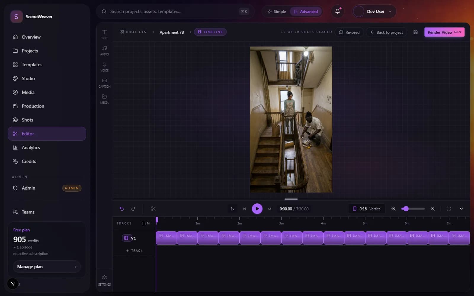 The docked timeline editor with clip thumbnails and the playhead