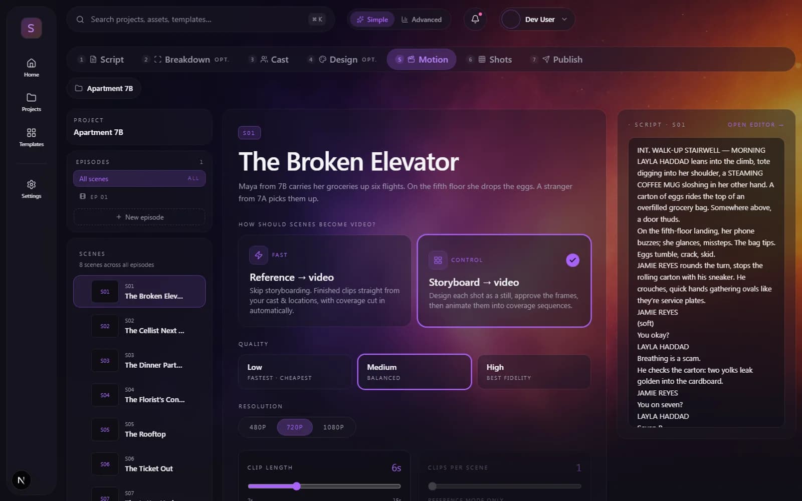The Motion step with mode cards, quality tiers and the cost bar