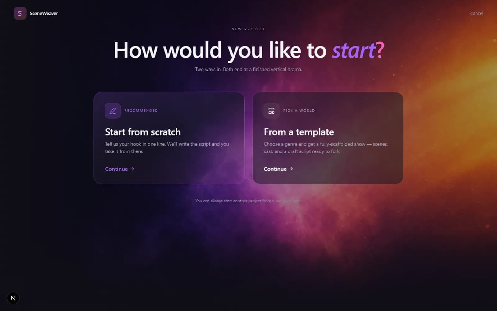 The New project screen with its two path cards